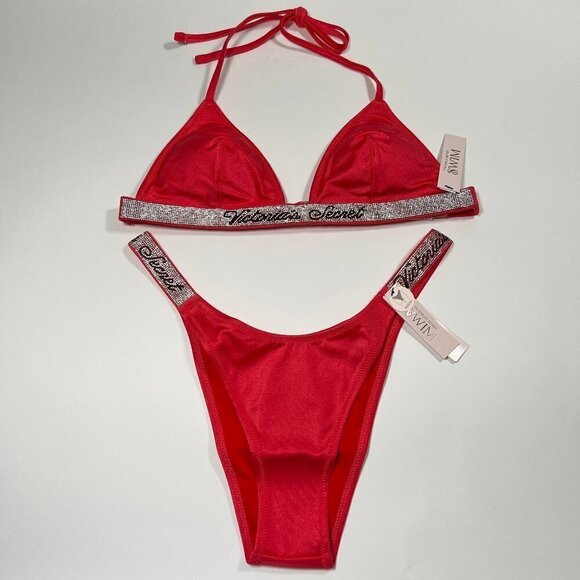 Victoria Secret Small S Shine Strap Triangle Bikini Top Bottom Set LOGO Pink - Picture 2 of 14